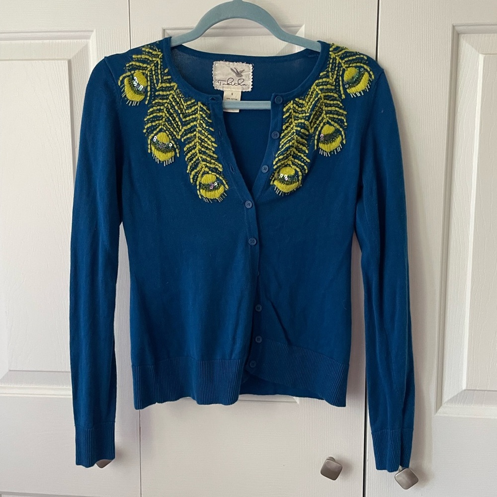 Anthropologie Tabitha Blue Cardigan with Green Peacock Embroidery size Small